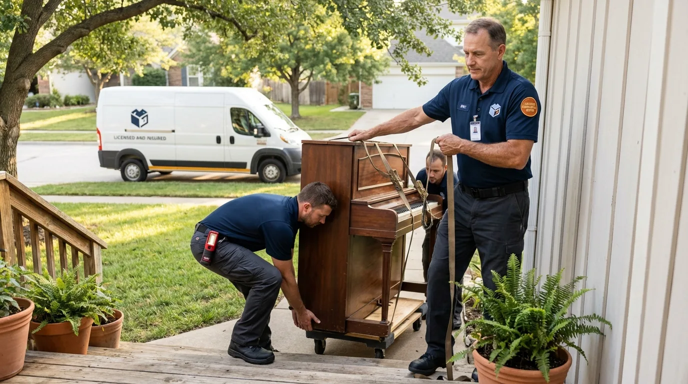 Licensed piano movers securing grand piano in New Brunswick, NJ