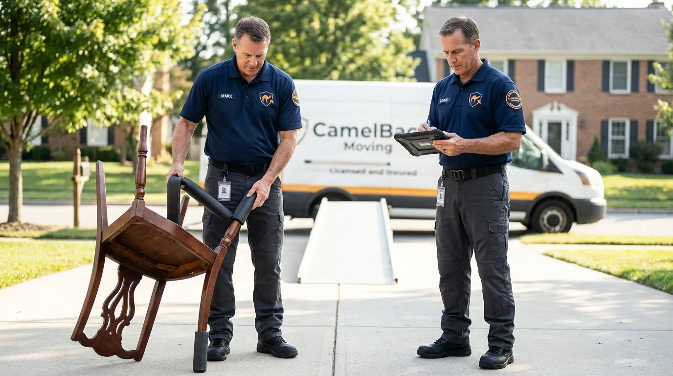 Movers inspecting furniture for damage prevention before loading in New Brunswick, NJ
