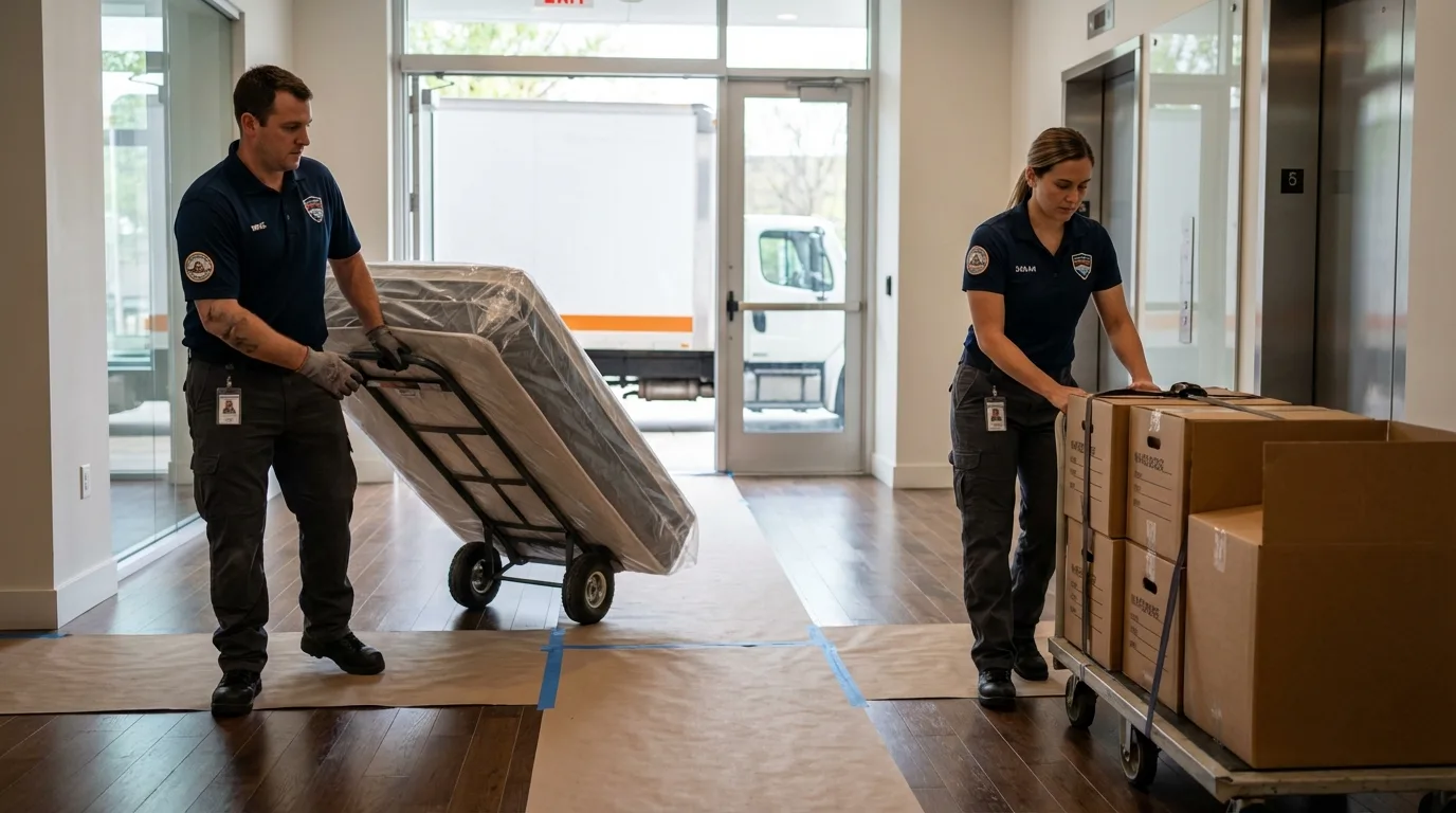 Professional apartment movers loading elevator in New Brunswick, NJ