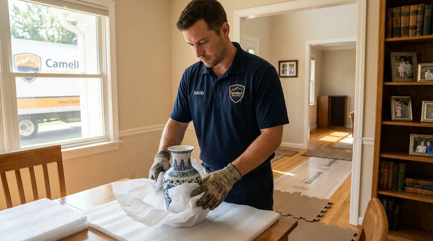 Professional crew carefully wrapping antique vase for senior downsizing move in New Brunswick, NJ